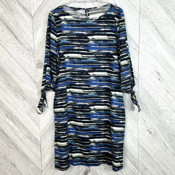 Lafayette 148 Dress Womens Size Medium Blue Striped 3/4 Tie Sleeve Sheath - Picture 1 of 6